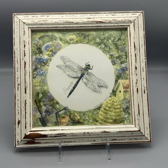 2000 Distressed Square Framed Lila Rose Dragonfly Print Cottagecore Gardens 10.5 - Picture 1 of 7